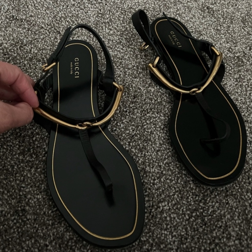 Gucci Black Leather Sandals with Gold Tone Horsebit